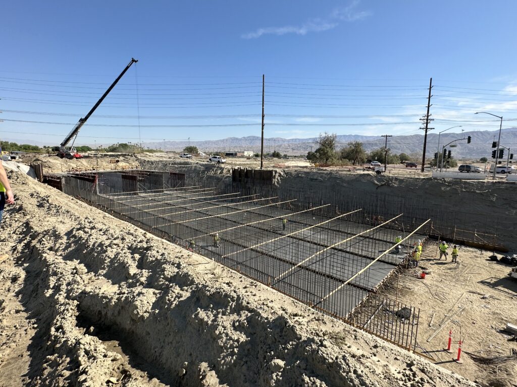 Crews prepare the foundation for a reinforced concrete box culvert as part of the North Indio Flood Control Phase 2 Project.