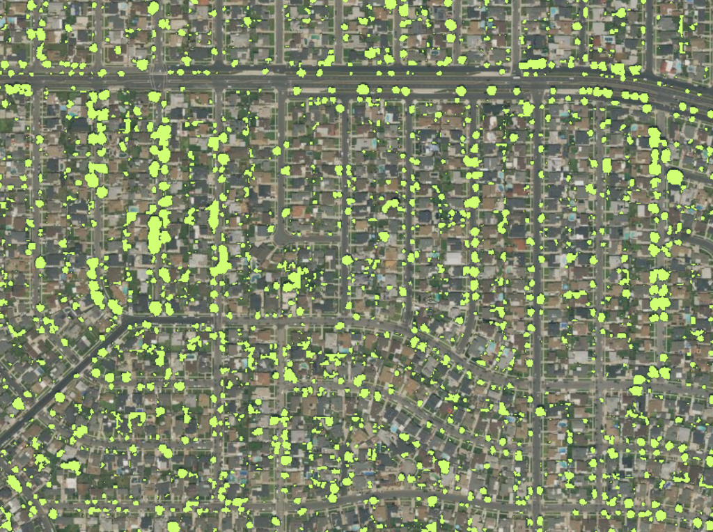 This map of Long Beach showcases the output of Cal Poly’s tree mapping model, where bright green highlights represent individual trees identified using advanced AI techniques.