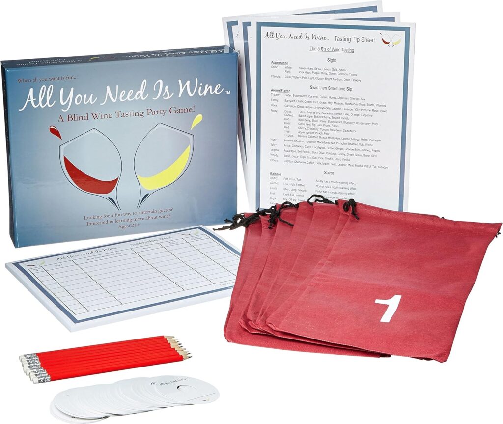 All You Need is Wine is a party game where players taste test wines and write down their tasting notes.