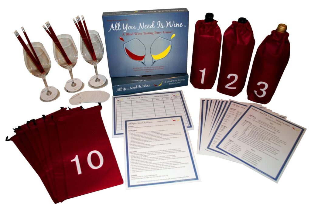 All You Need is Wine is a party game where players taste test wines and write down their tasting notes.